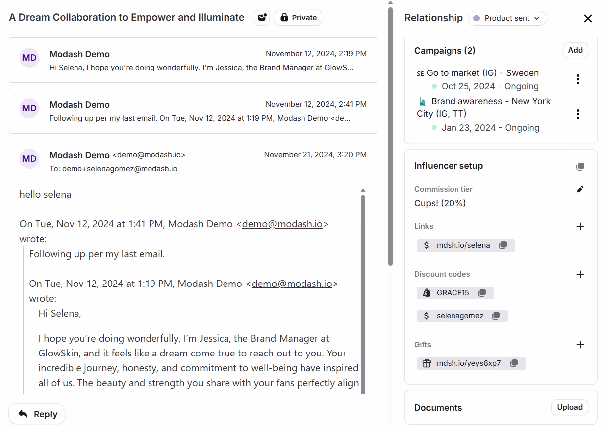 Screenshot of relationship history feature in Modash