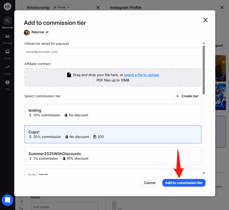 Screenshot of adding influencer to commission tier in Modash
