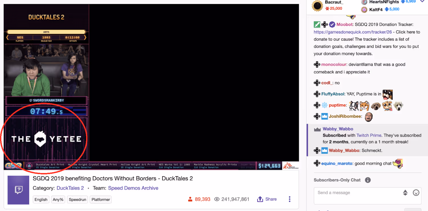 twitch livestream with highlighted on stream banner ad