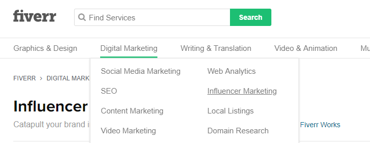 display of how on fiverr you can search for influencer marketing services
