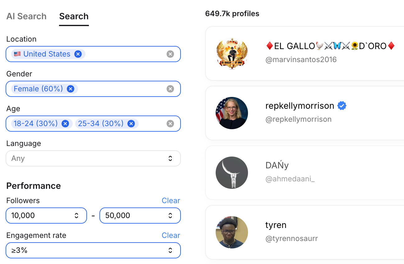 Influencer's followers, content, past collabs, in Modash