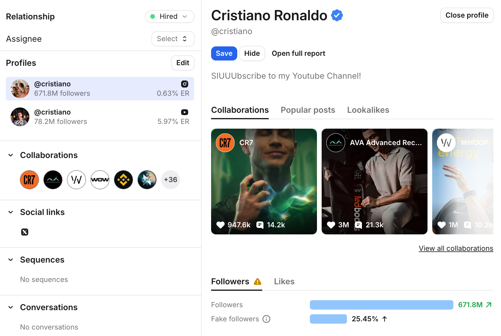Influencer's followers, content, past collabs, in Modash