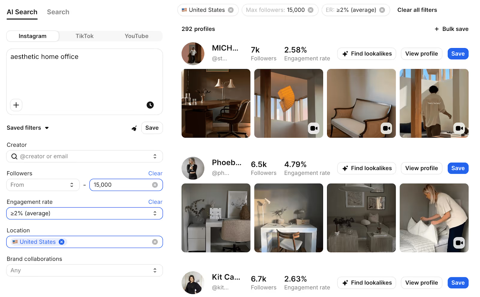 AI Search / Discover results for Instagram—keyword-based creator search with filters (location, max followers, engagement rate) and a grid/list of matching creators with content previews and buttons to view profile, save, or find lookalikes.