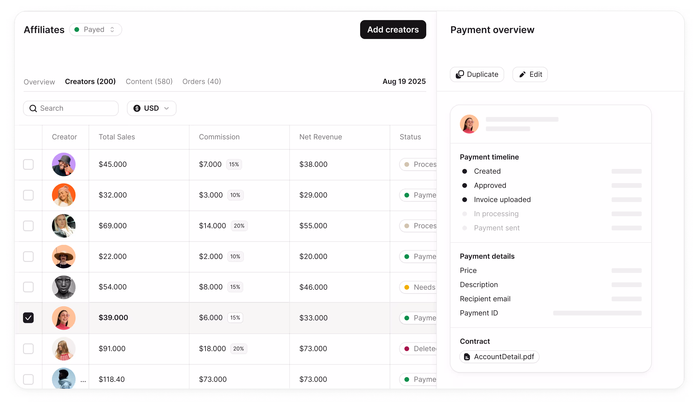 Creator payment setup modal—set up a payout by uploading a contract/invoice details and entering recipient channel, creator username, and recipient email as part of the pay flow.