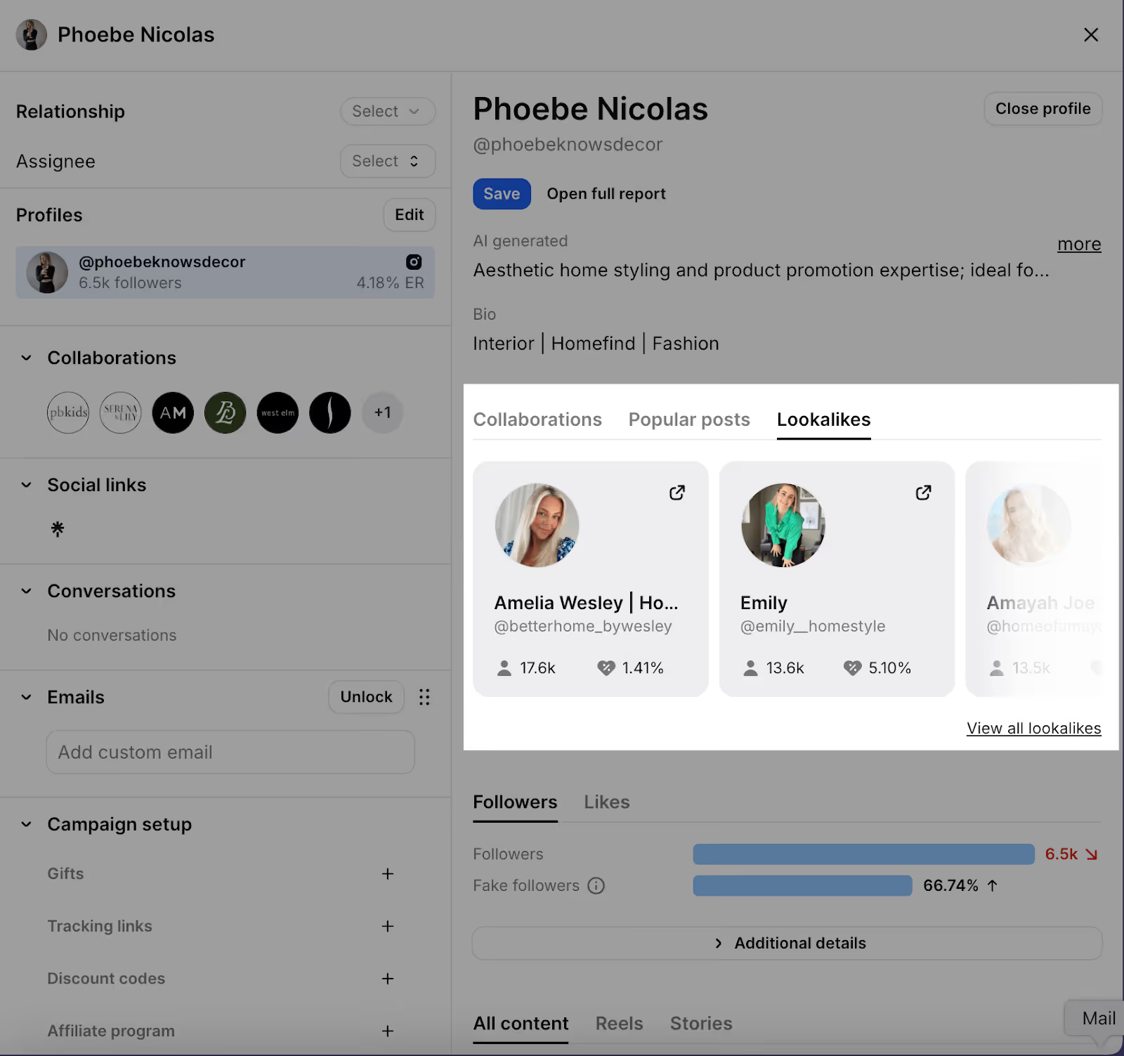 Creator profile panel showing "Lookalikes" recommendations—similar creators with follower count and engagement rate cards, plus quick actions like save/open full report.