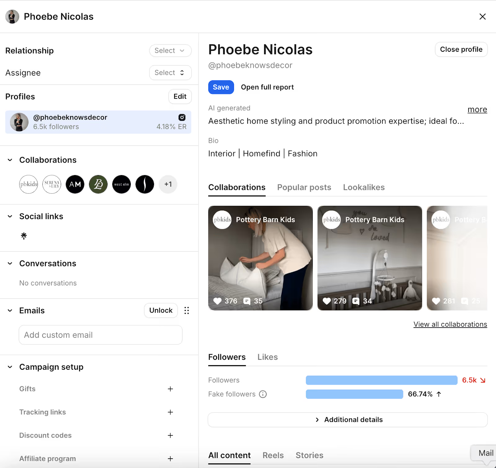 Creator profile panel showing past brand collaborations—collaboration post thumbnails with like/comment counts, alongside key stats like followers and estimated fake followers.