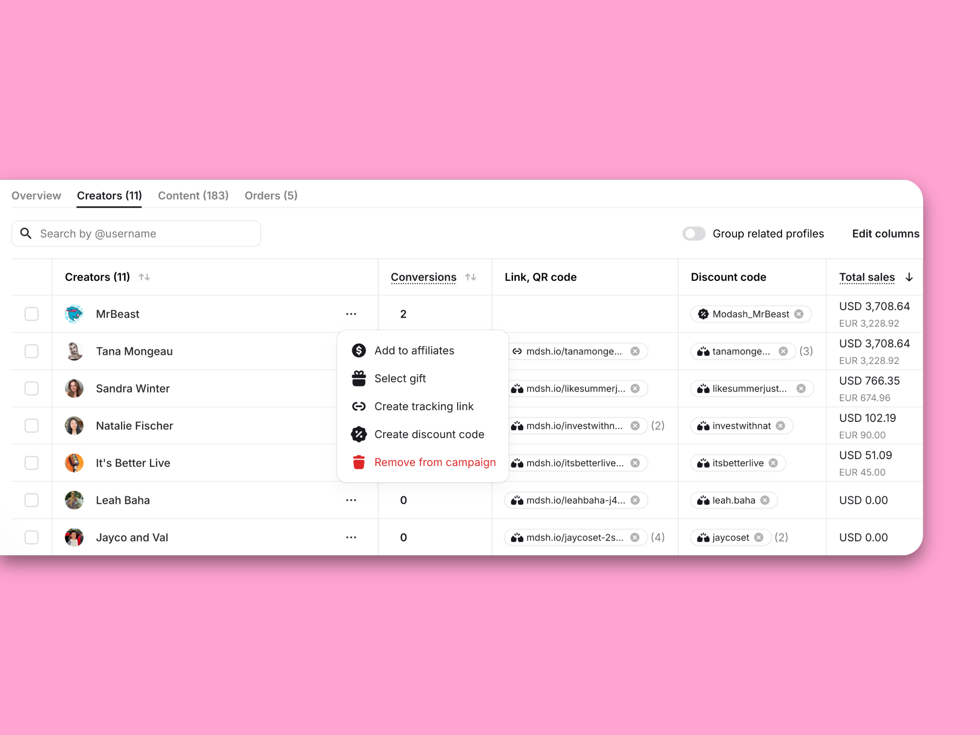 Campaign influencer tracking table, per-influencer rows to manage tracking links/QR codes and discount codes, with actions like adding tracking link/discount code and removing from campaign.