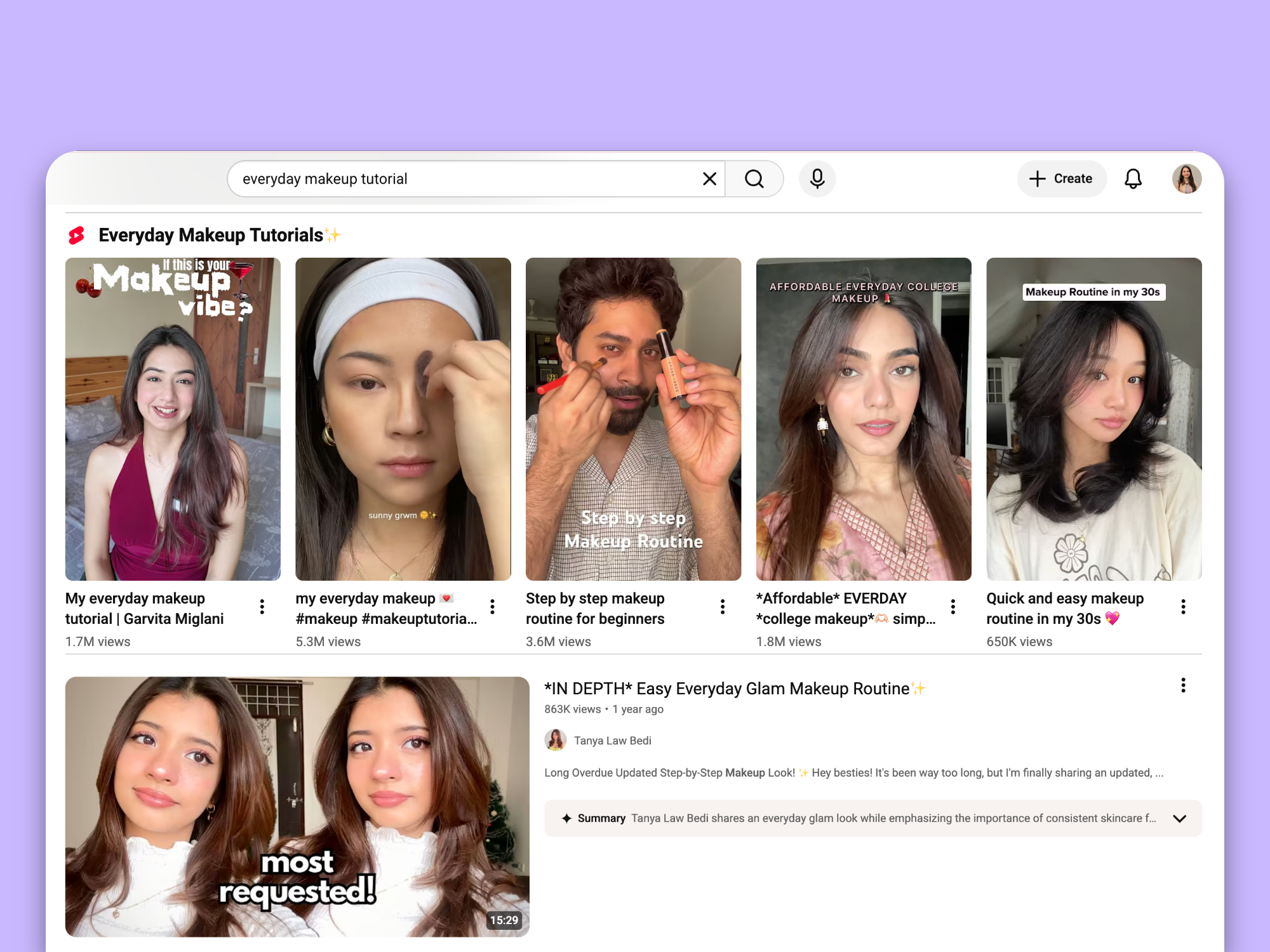 YouTube search results for beauty videos