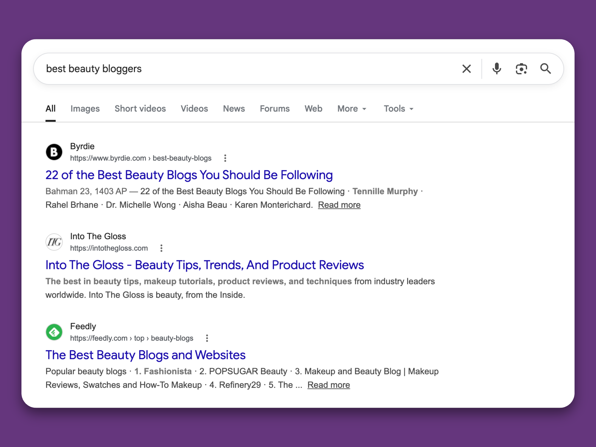 Google results for best beauty bloggers