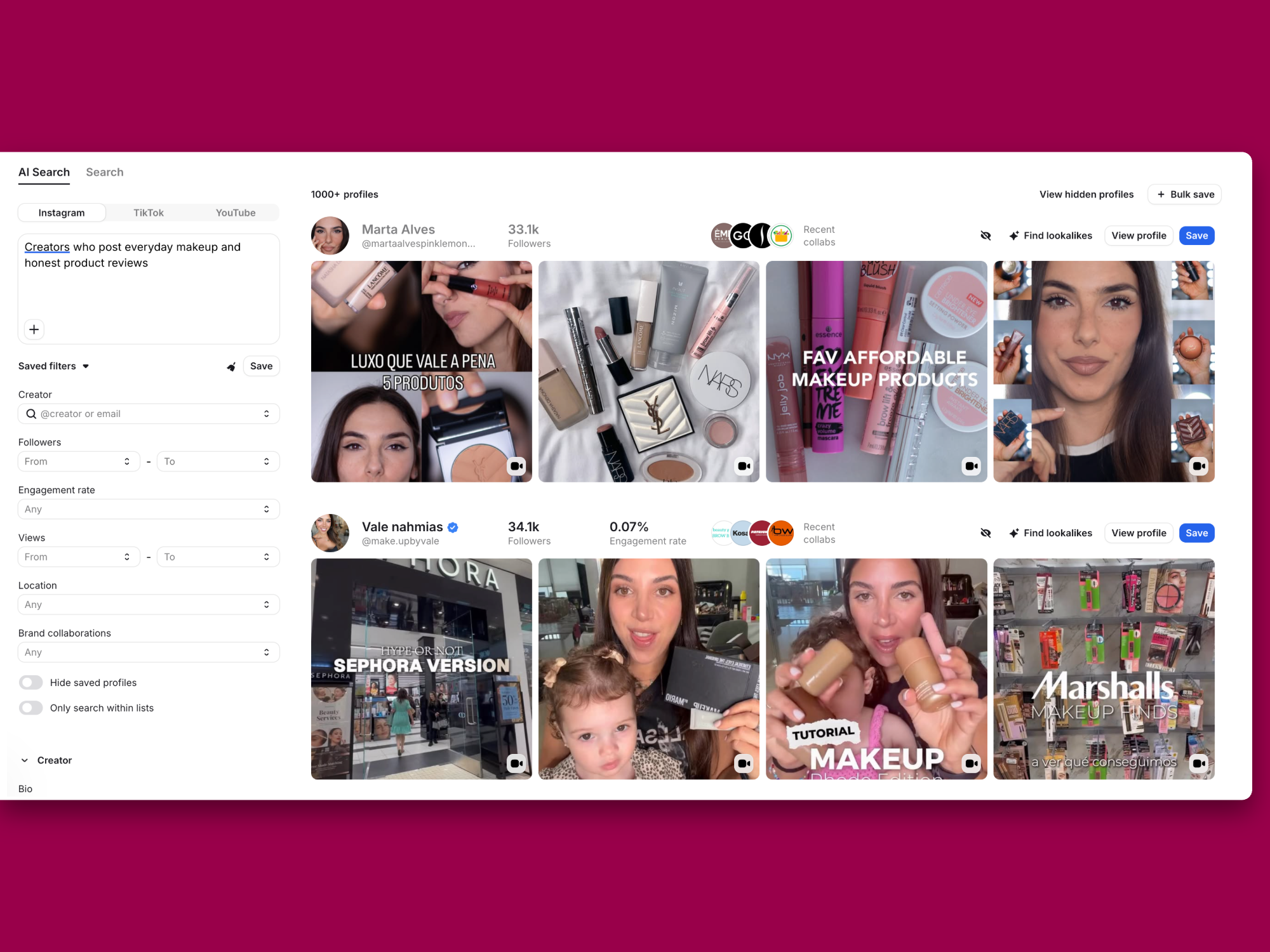 Modash AI search for beauty creators