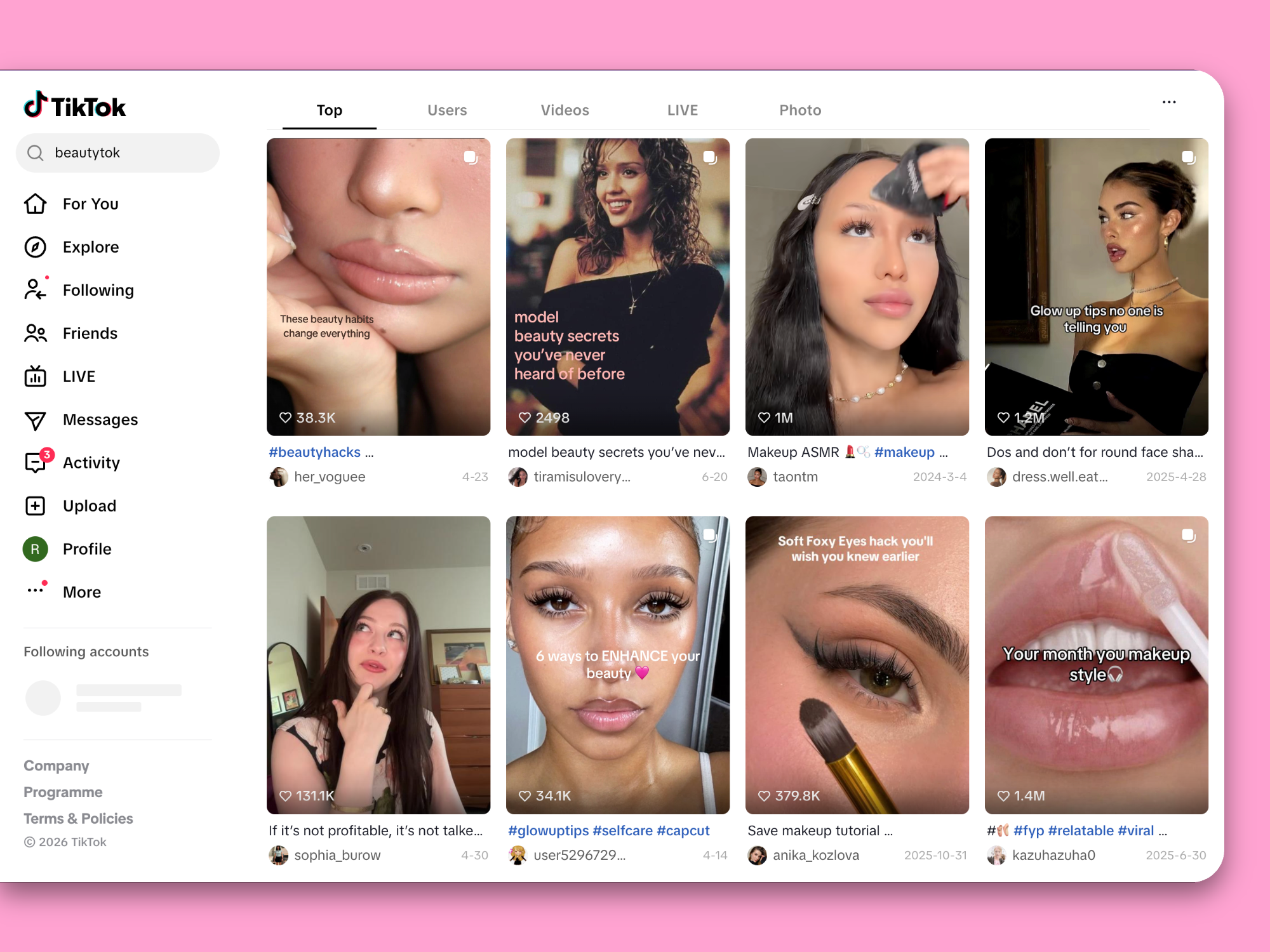 TikTok search results for beauty content