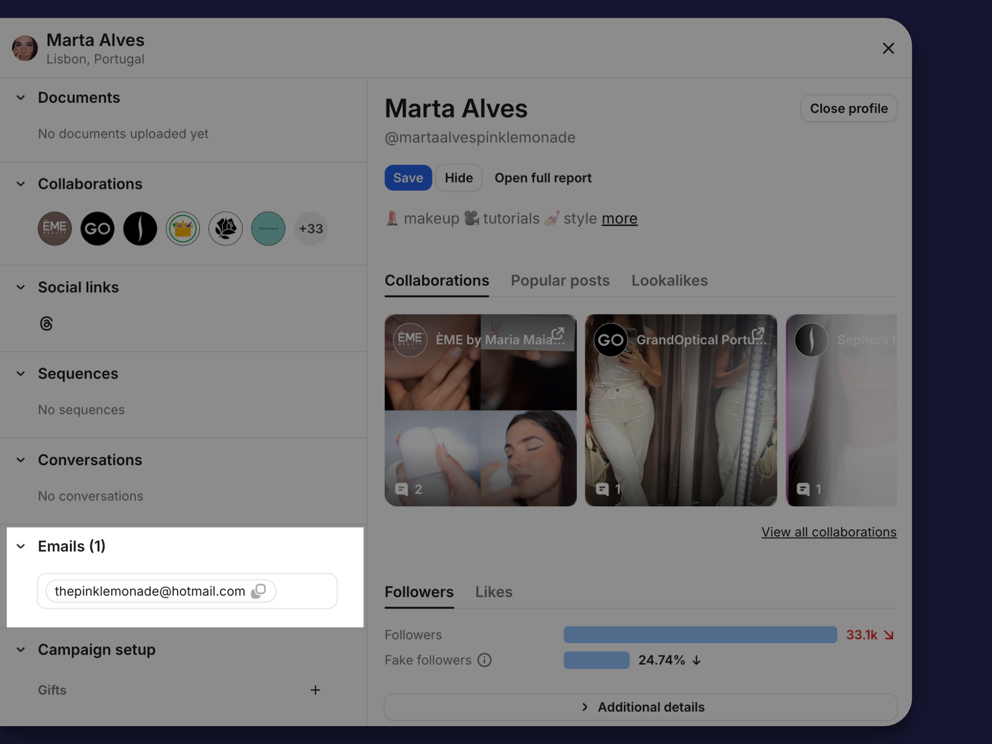 Contact details on a creator's Modash profile