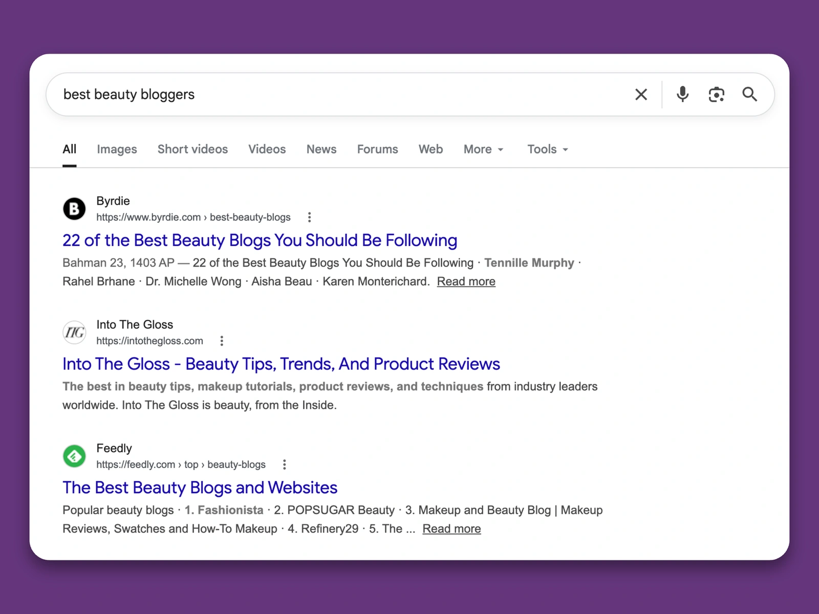 Google results for best beauty bloggers