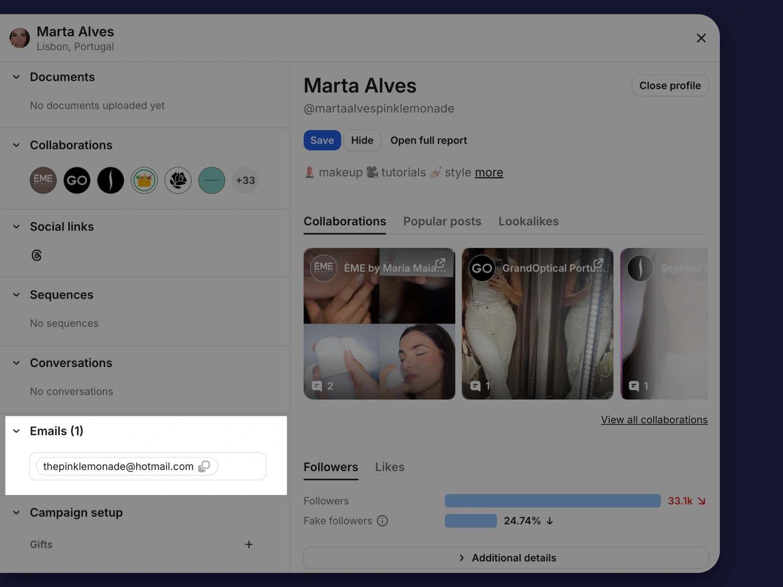 Contact details on a creator's Modash profile
