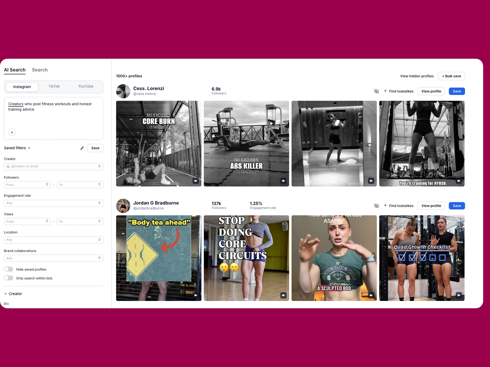 Modash AI search for fitness creators