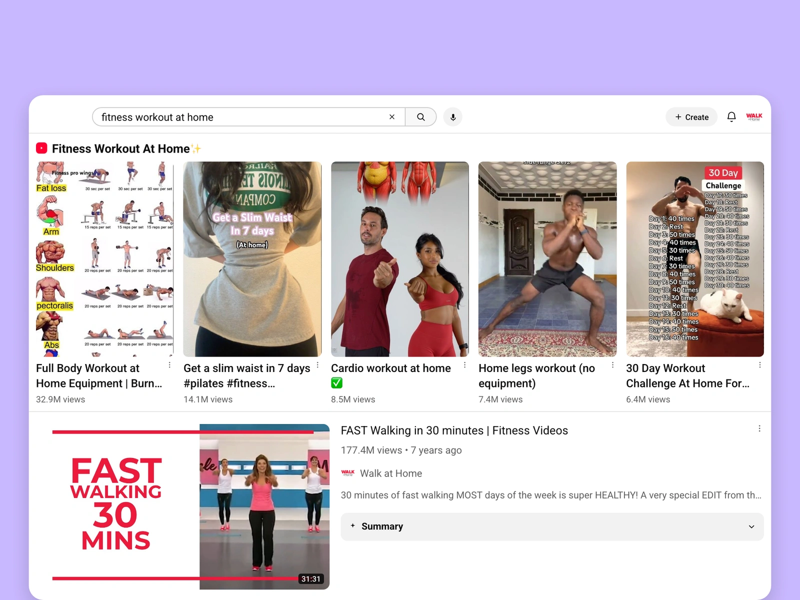 YouTube search results for fitness videos