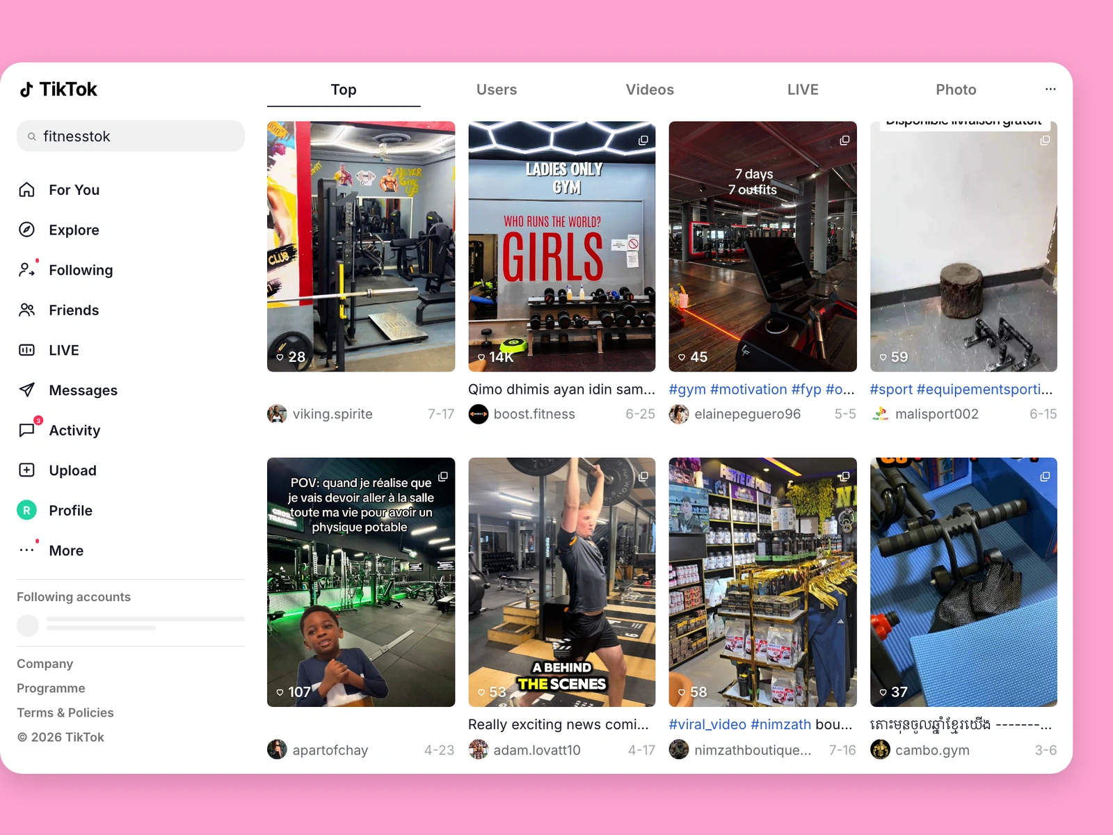 TikTok search results for fitness content