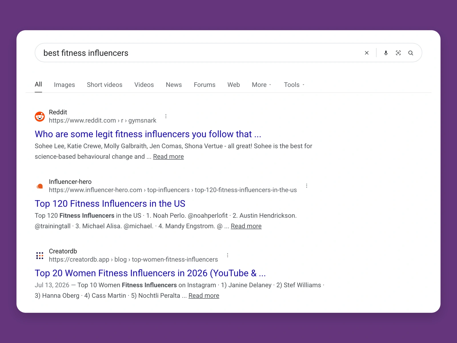 Google results for best fitness bloggers