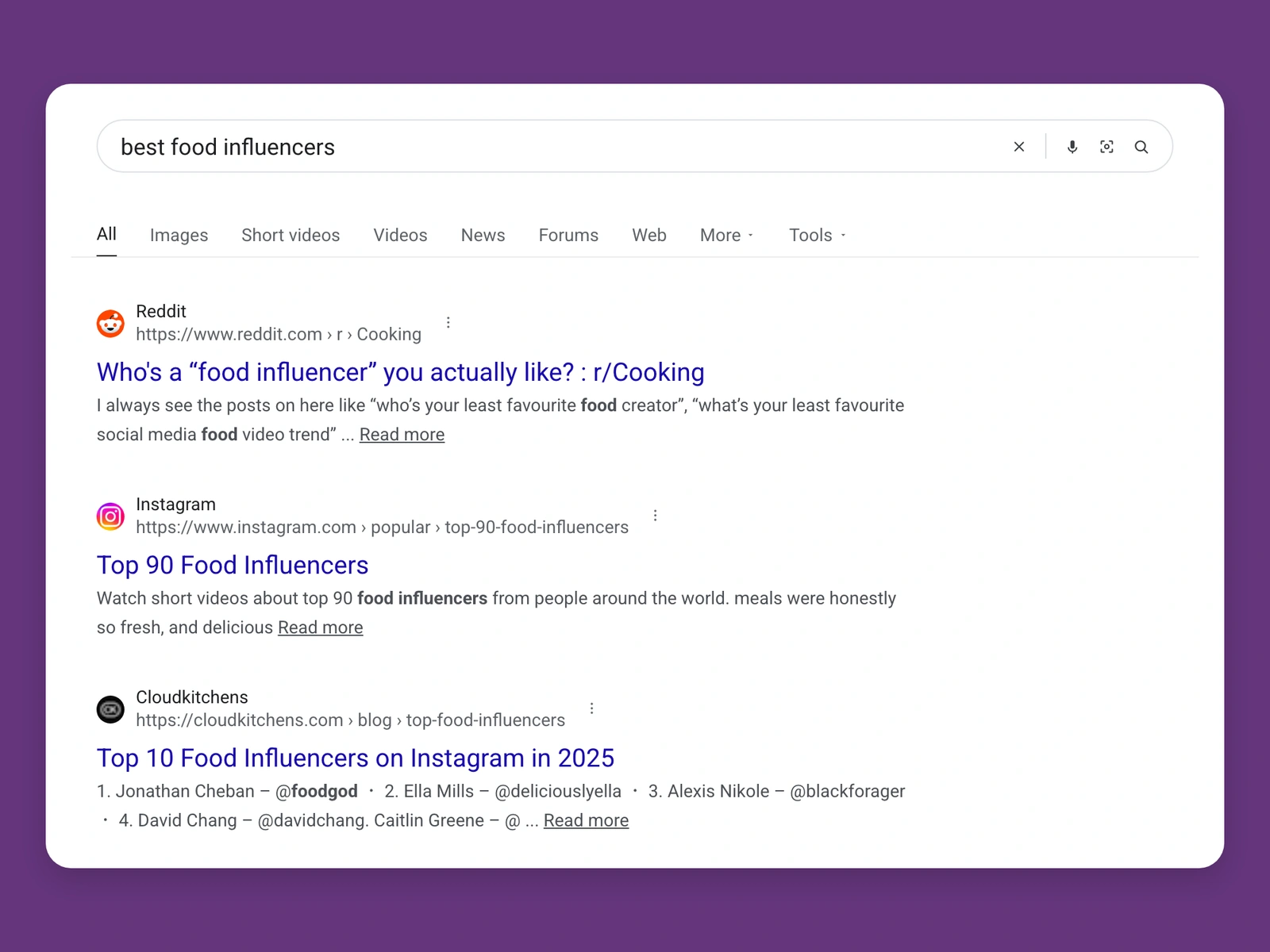 Google results for best food bloggers