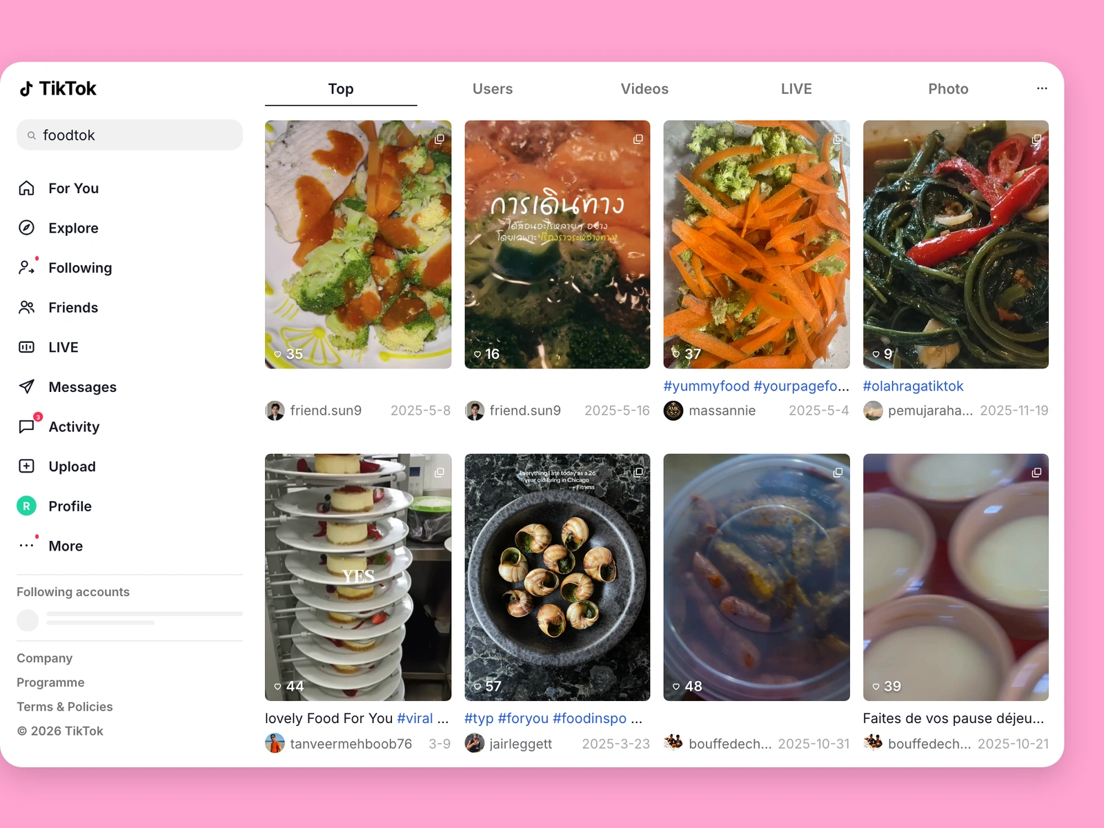 TikTok search results for food content