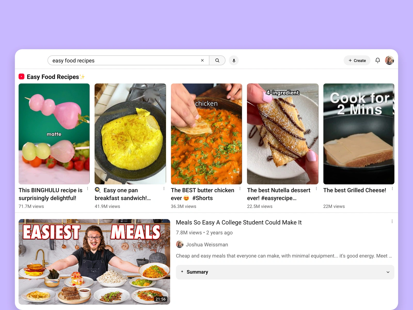 YouTube search results for food videos
