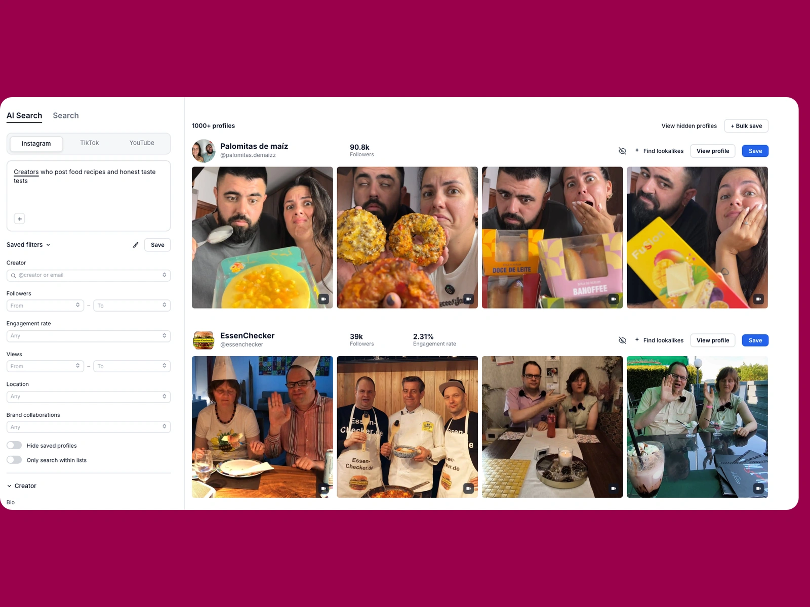 Modash AI search for food creators
