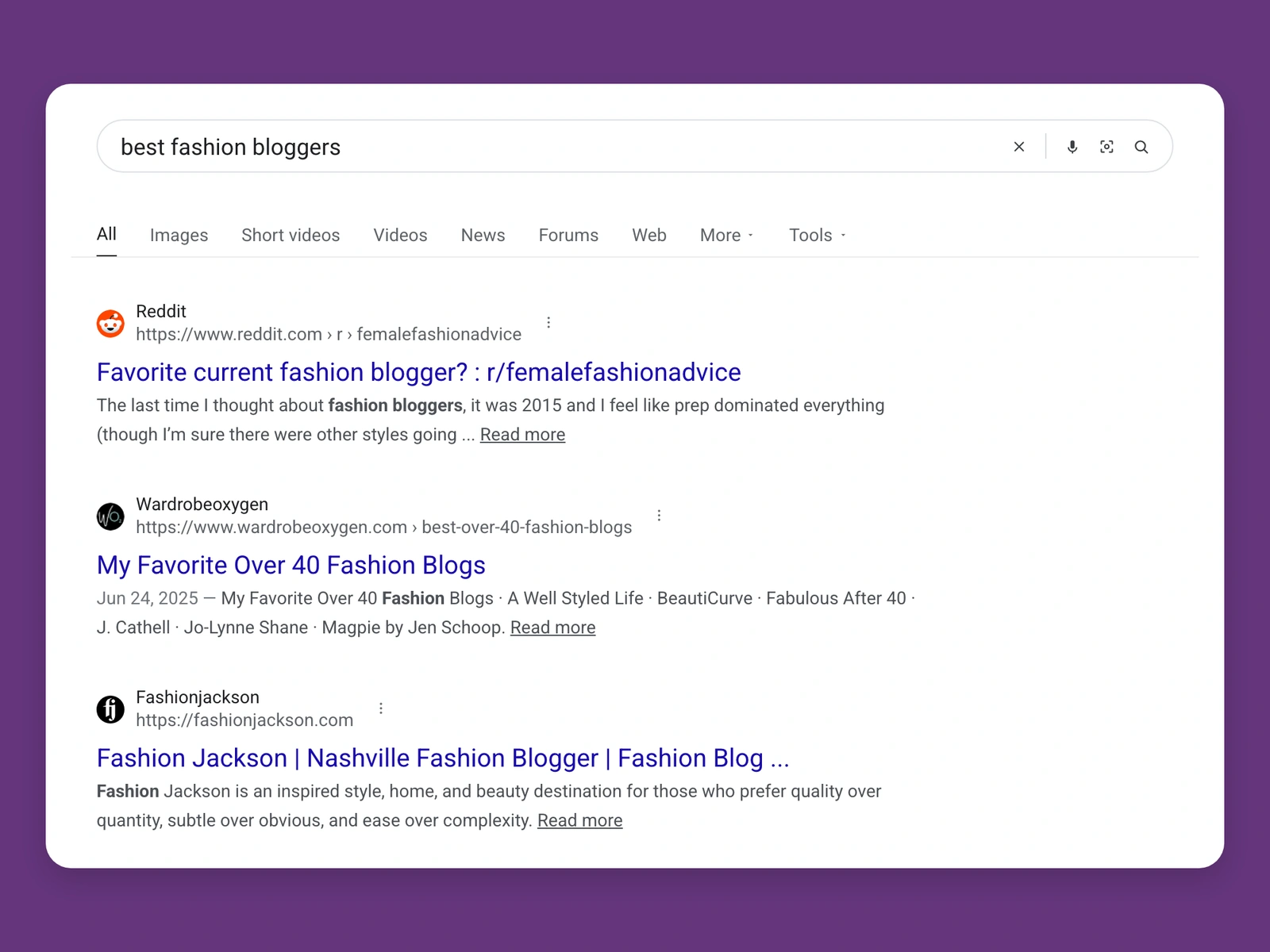 Google results for best fashion bloggers
