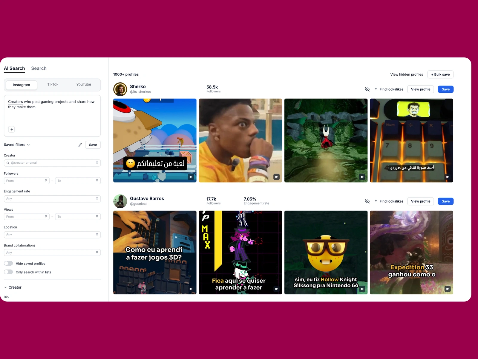 Modash AI search for gaming creators