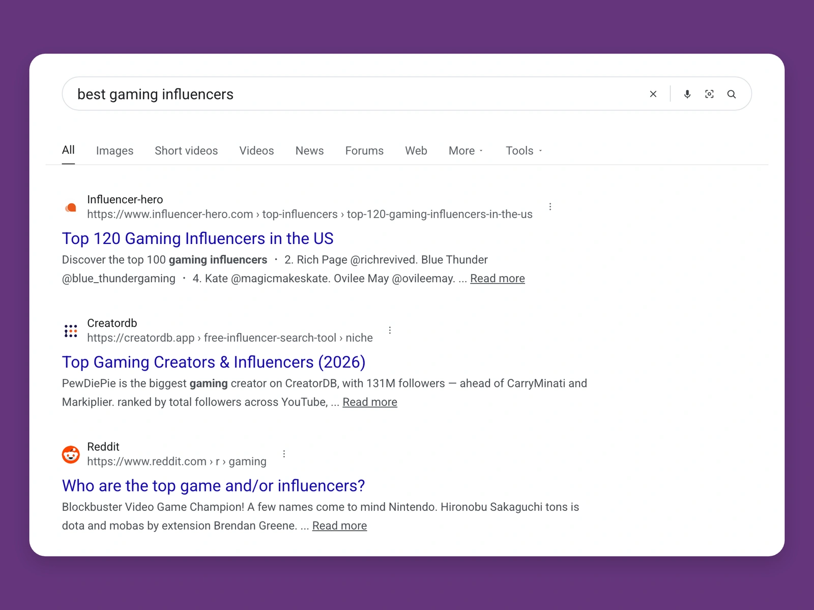 Google results for best gaming bloggers