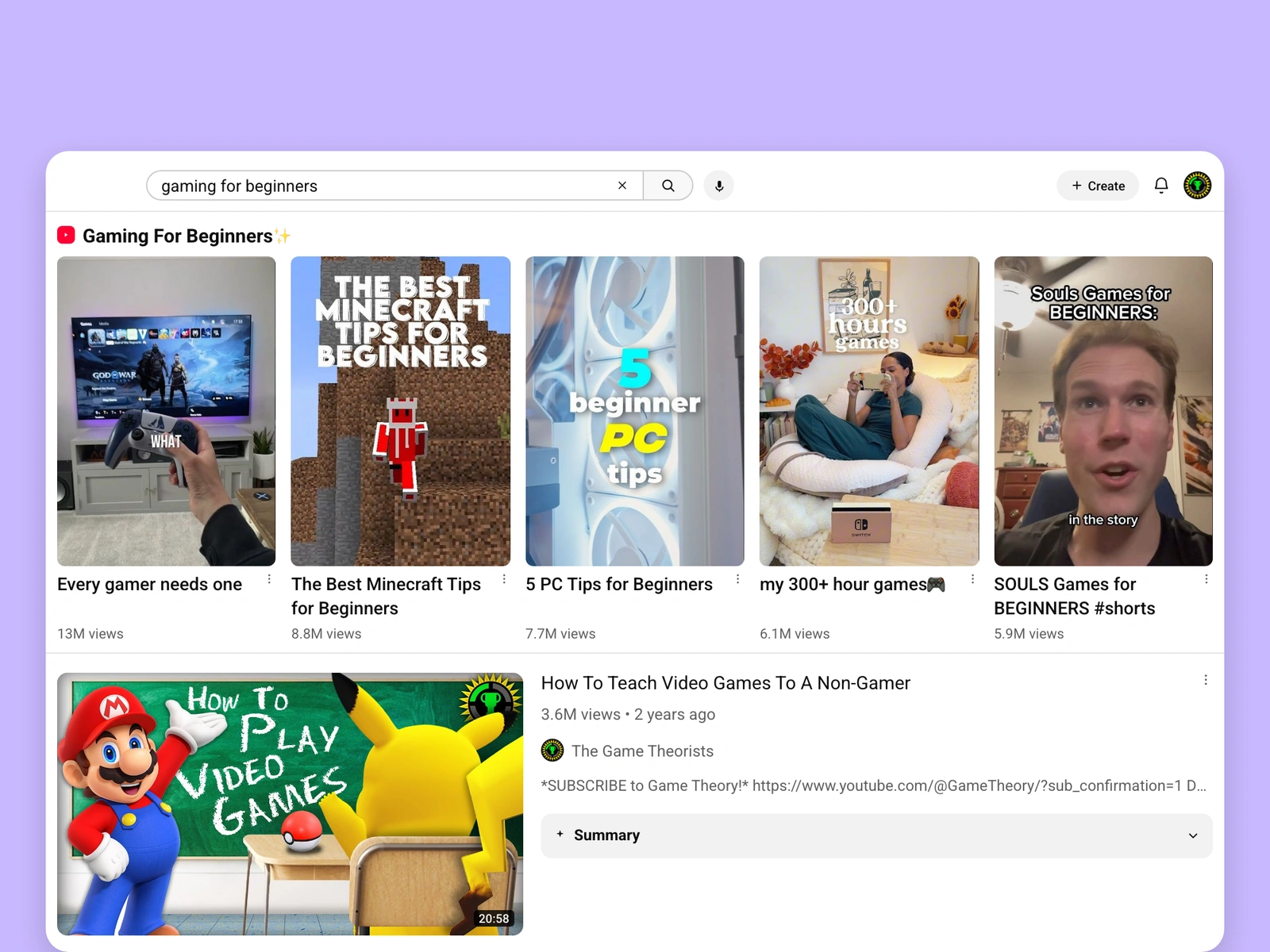 YouTube search results for gaming videos