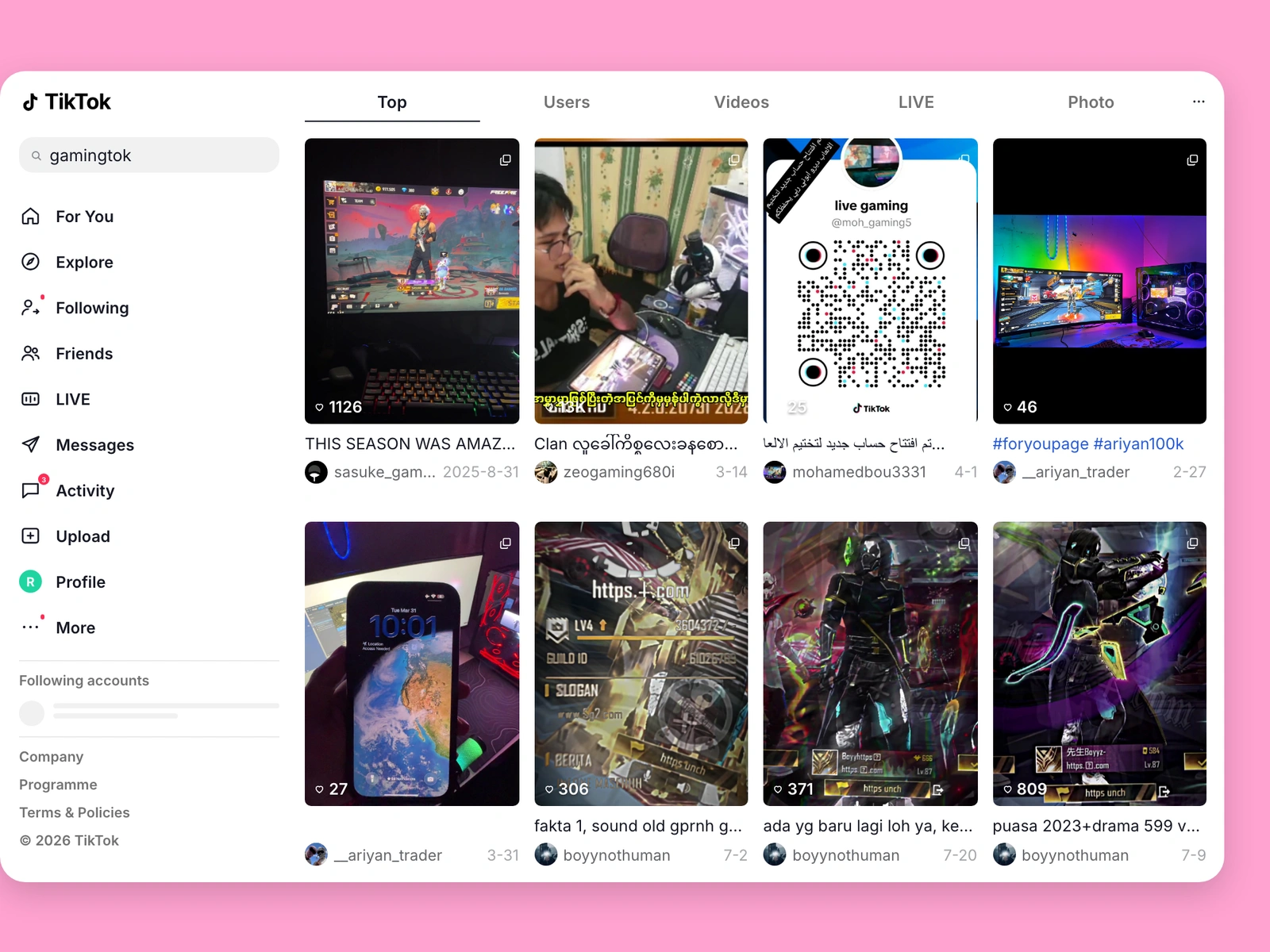 TikTok search results for gaming content