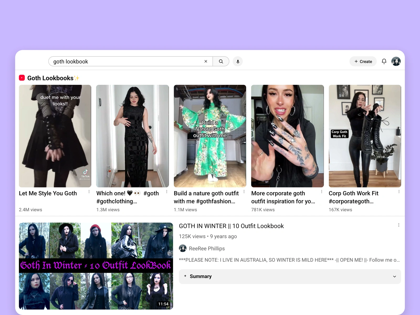 YouTube search results for goth videos