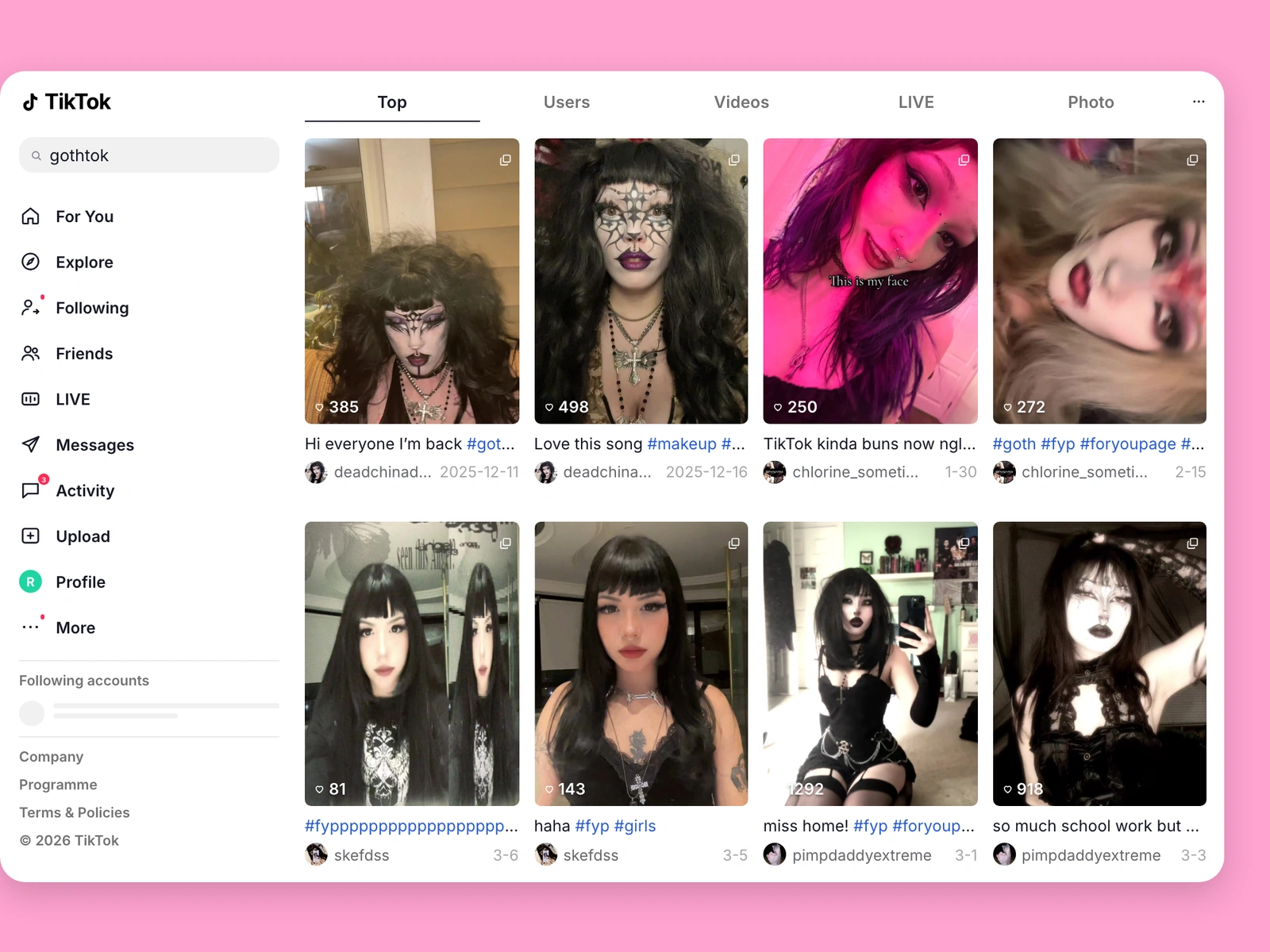 TikTok search results for goth content