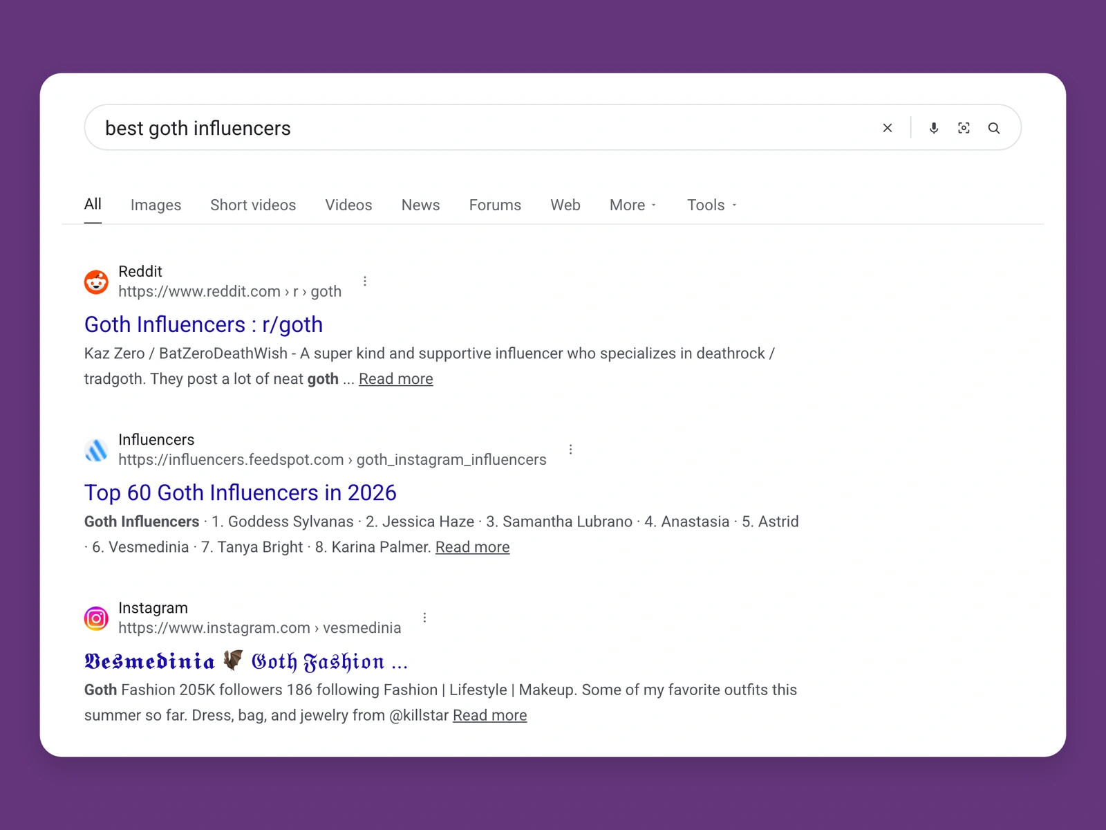 Google results for best goth bloggers