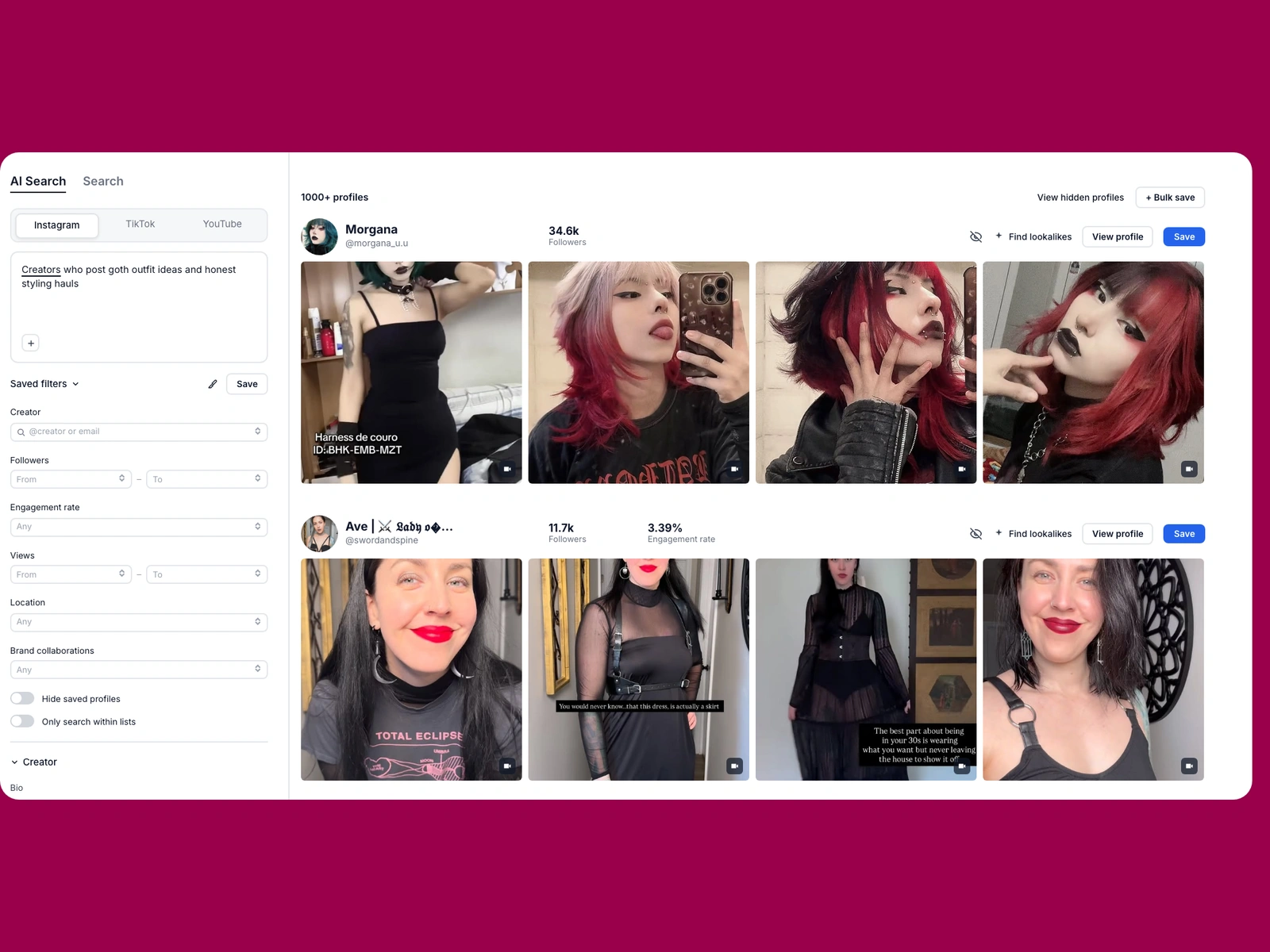 Modash AI search for goth creators