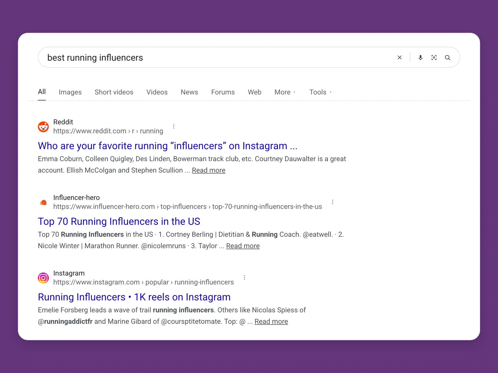 Google results for best running bloggers