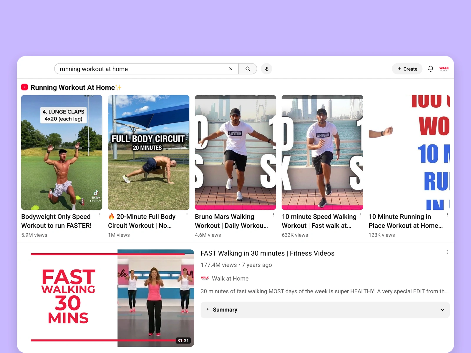 YouTube search results for running videos