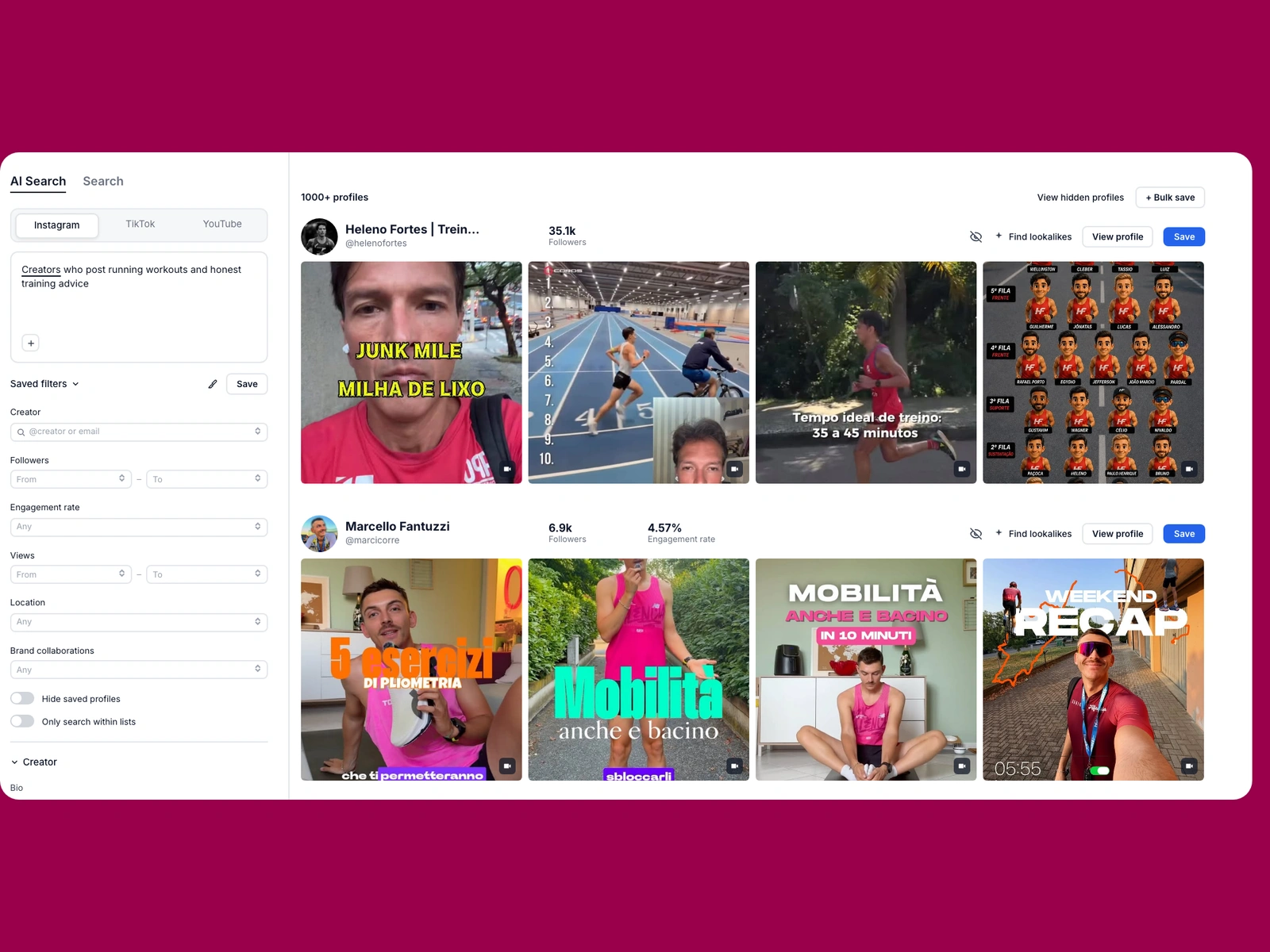 Modash AI search for running creators