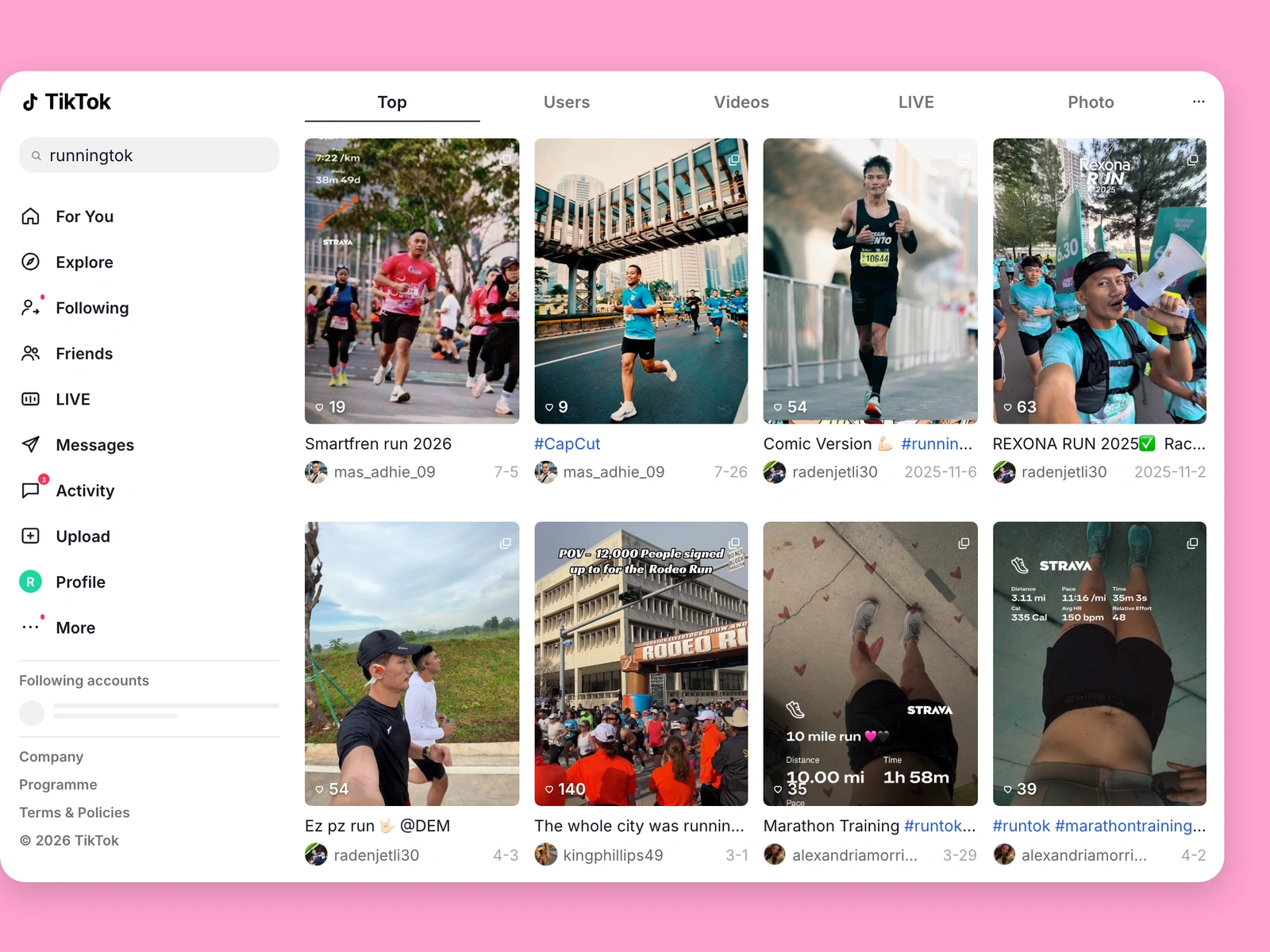 TikTok search results for running content