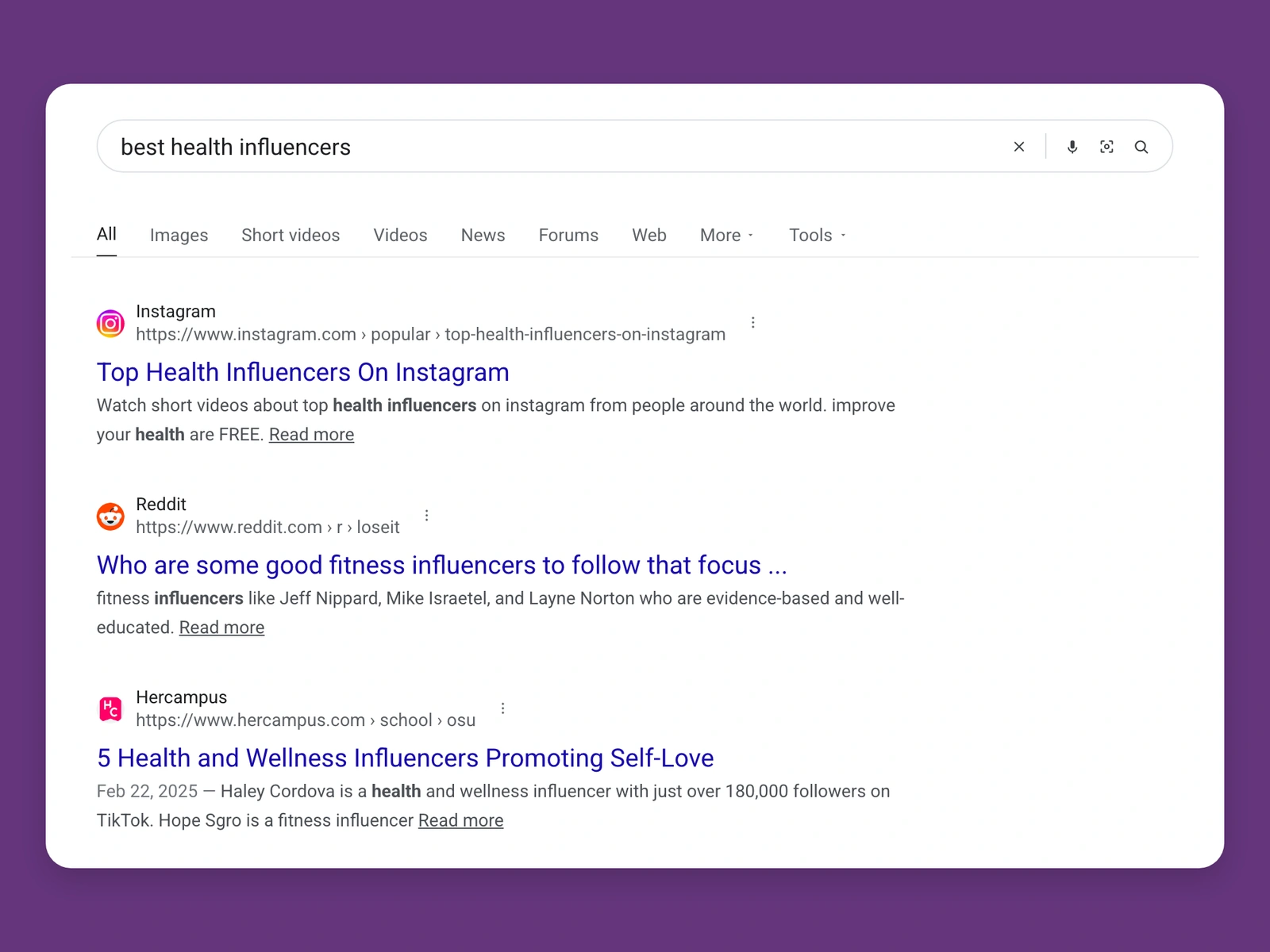 Google results for best health bloggers