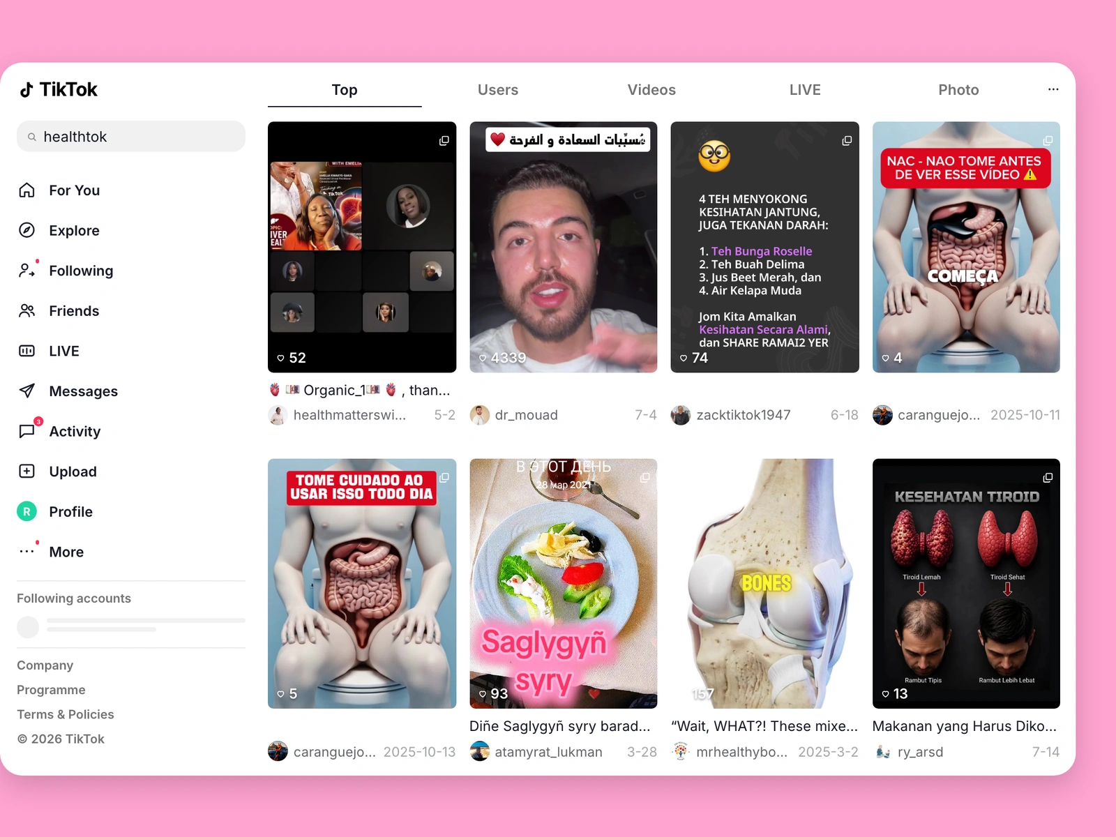 TikTok search results for health content