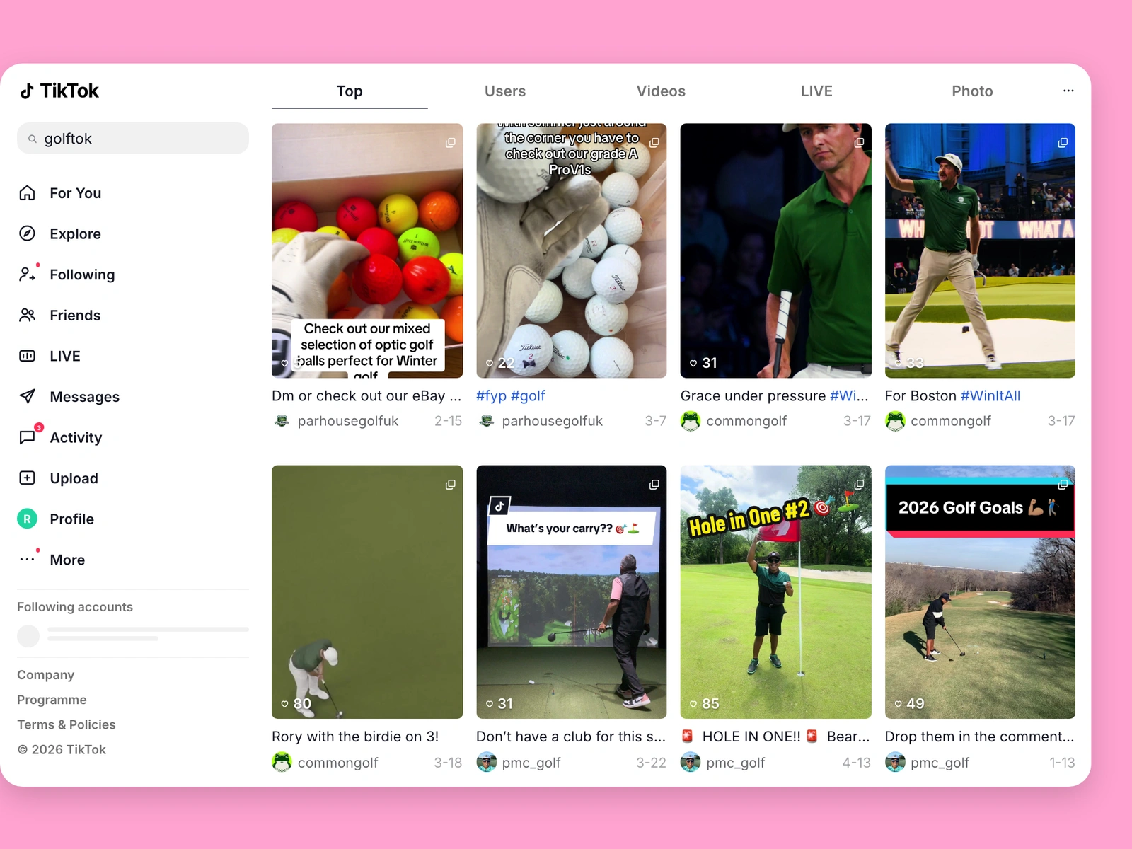 TikTok search results for golf content