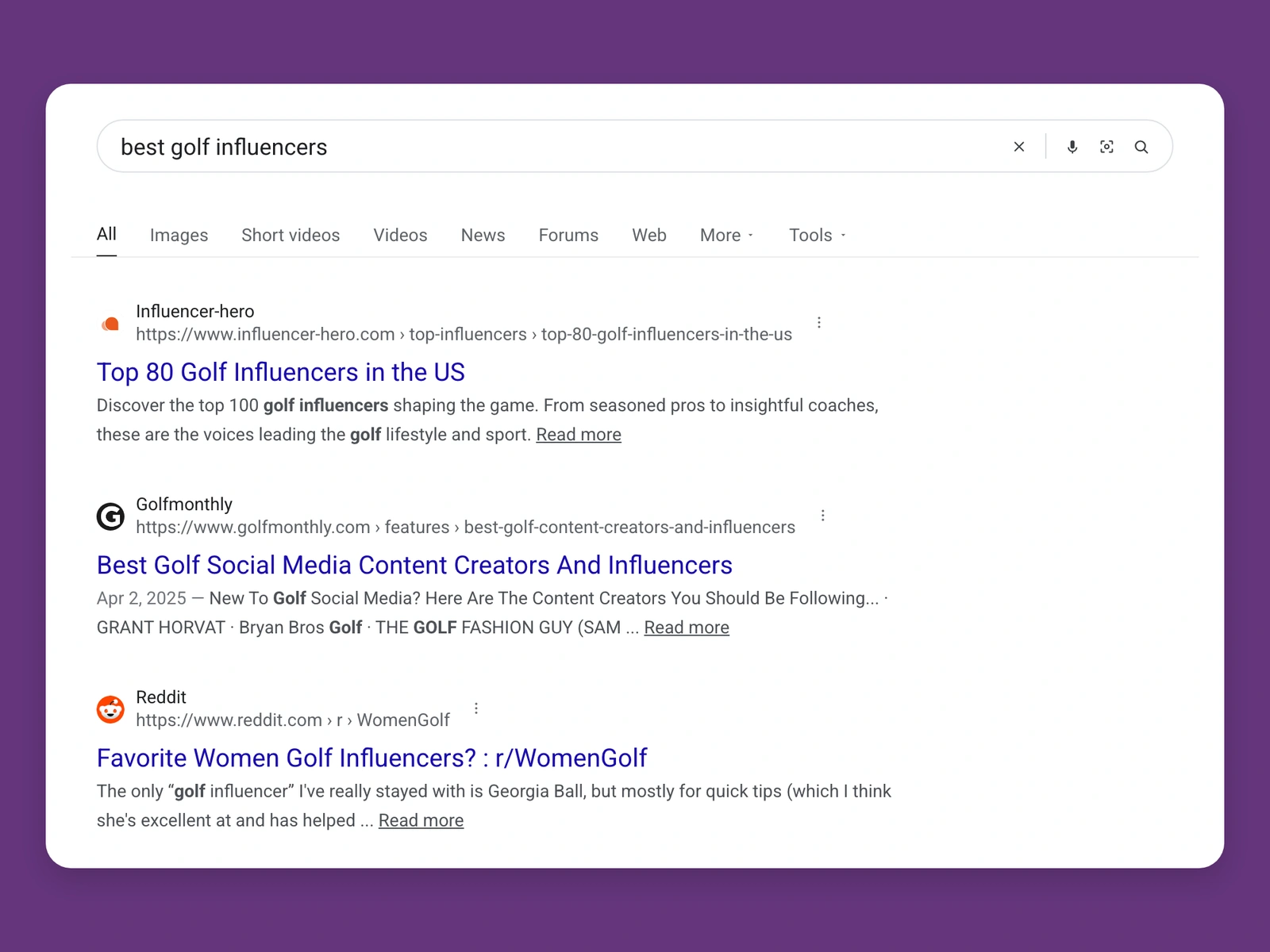 Google results for best golf bloggers