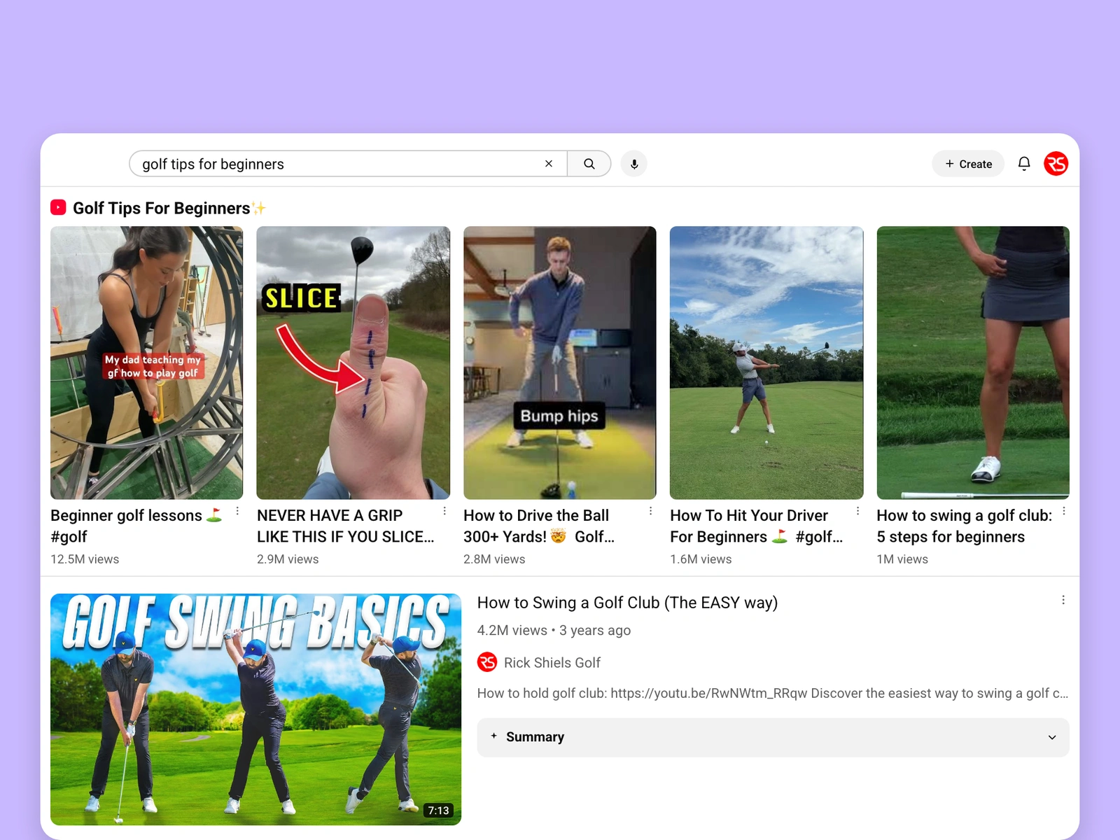 YouTube search results for golf videos