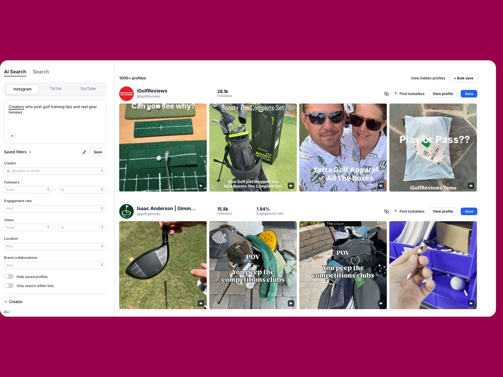 Modash AI search for golf creators