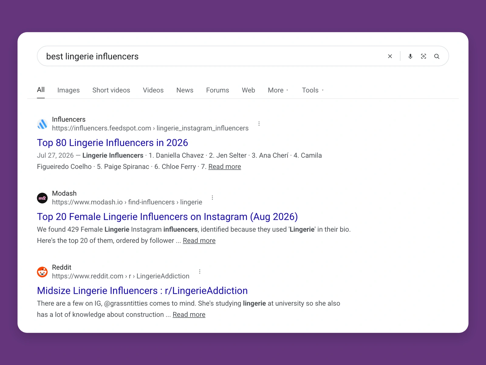 Google results for best lingerie bloggers
