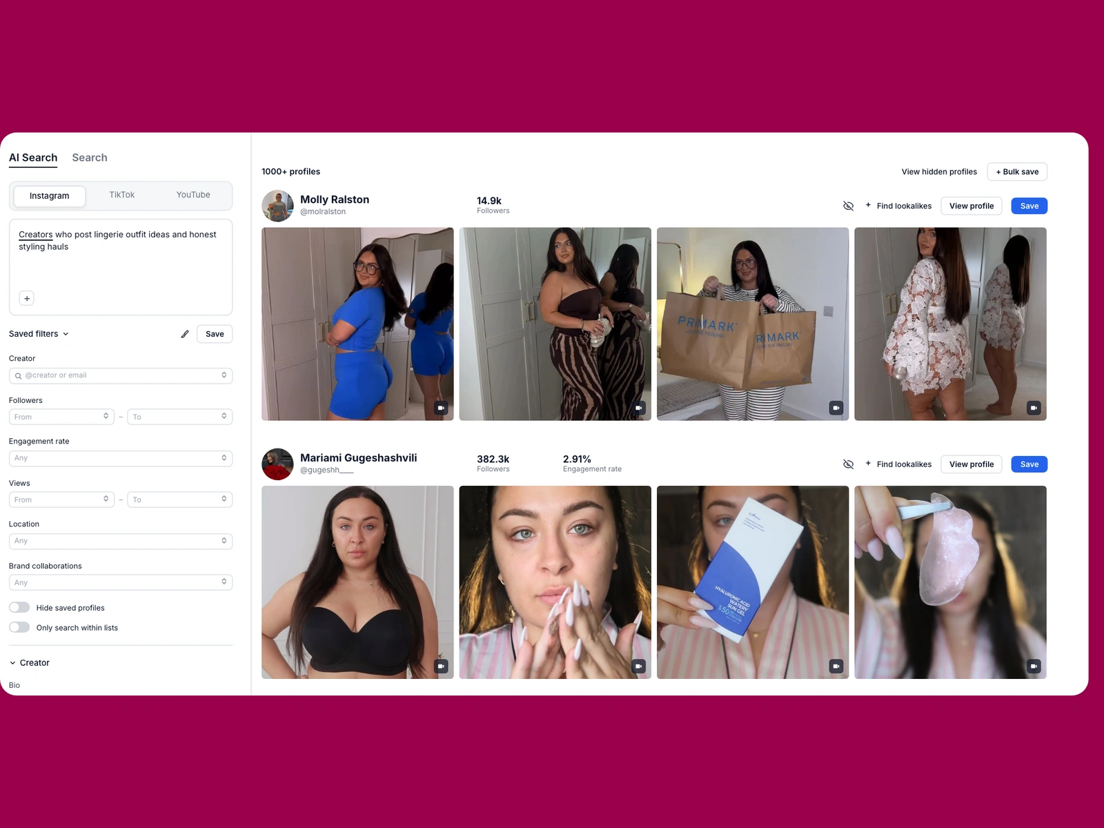 Modash AI search for lingerie creators