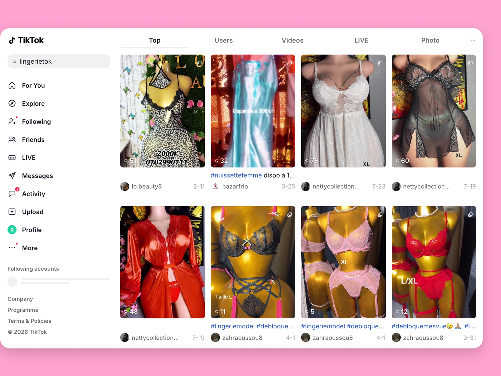 TikTok search results for lingerie content