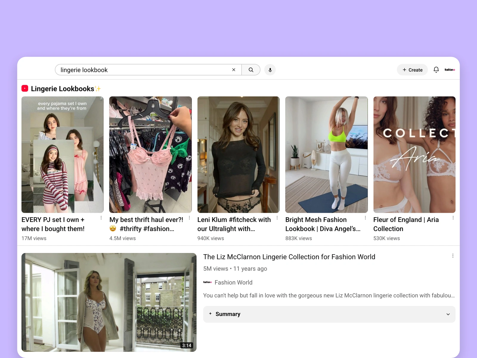 YouTube search results for lingerie videos