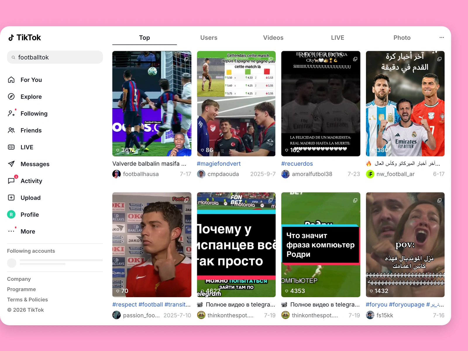 TikTok search results for football content
